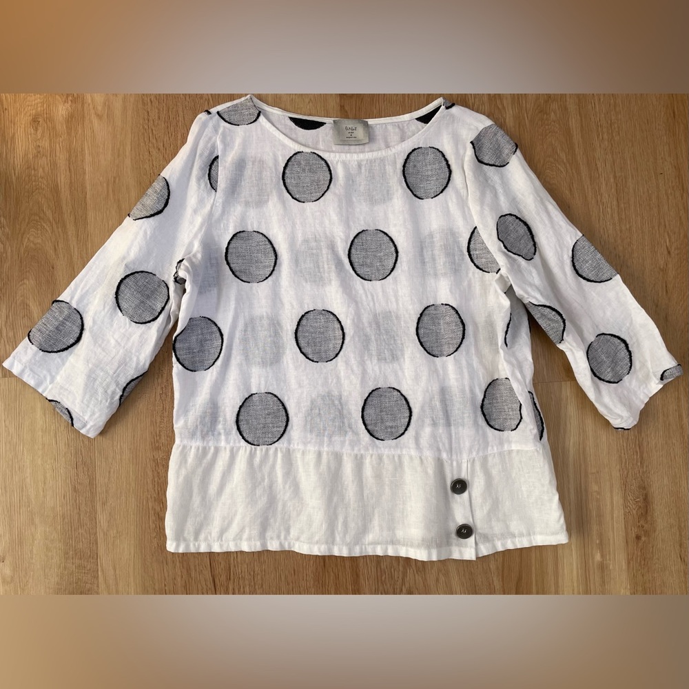 White Dot-Print Linen Blend Blouse with Buttons